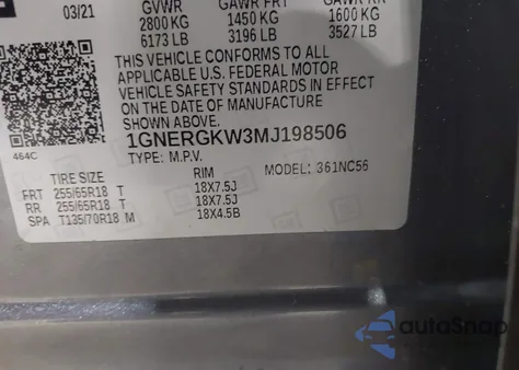 2021 Chevrolet Traverse Fwd Lt Cloth z USA, uszkodzony, nr VIN 1GNERGKW3MJ198506